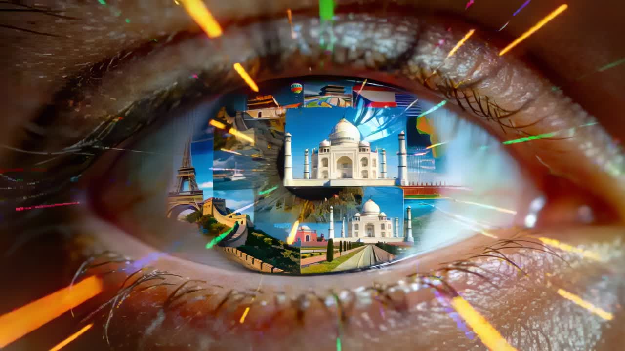 Showing right eye, frames advancing, shifting landmark collage across iris, centering Taj Mahal