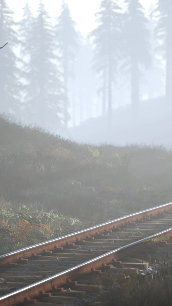 열차 트랙은 안개 숲으로 사라집니다.