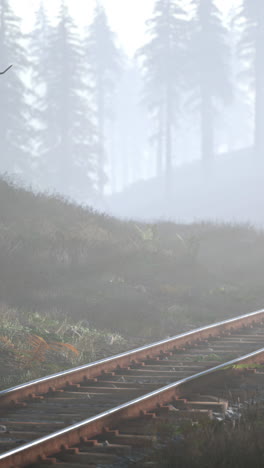 las vías del tren desaparecen en el bosque de niebla.