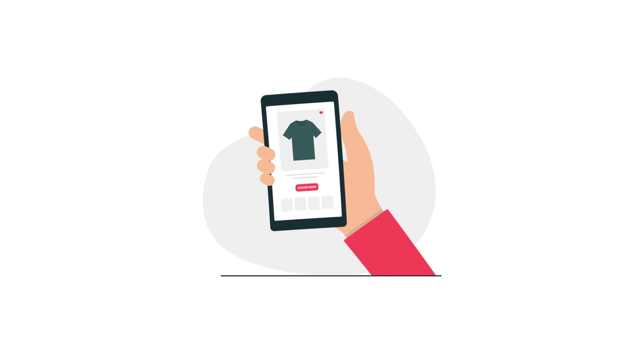 Mano animata che ordina un prodotto su un'app di e-commerce per smartphone