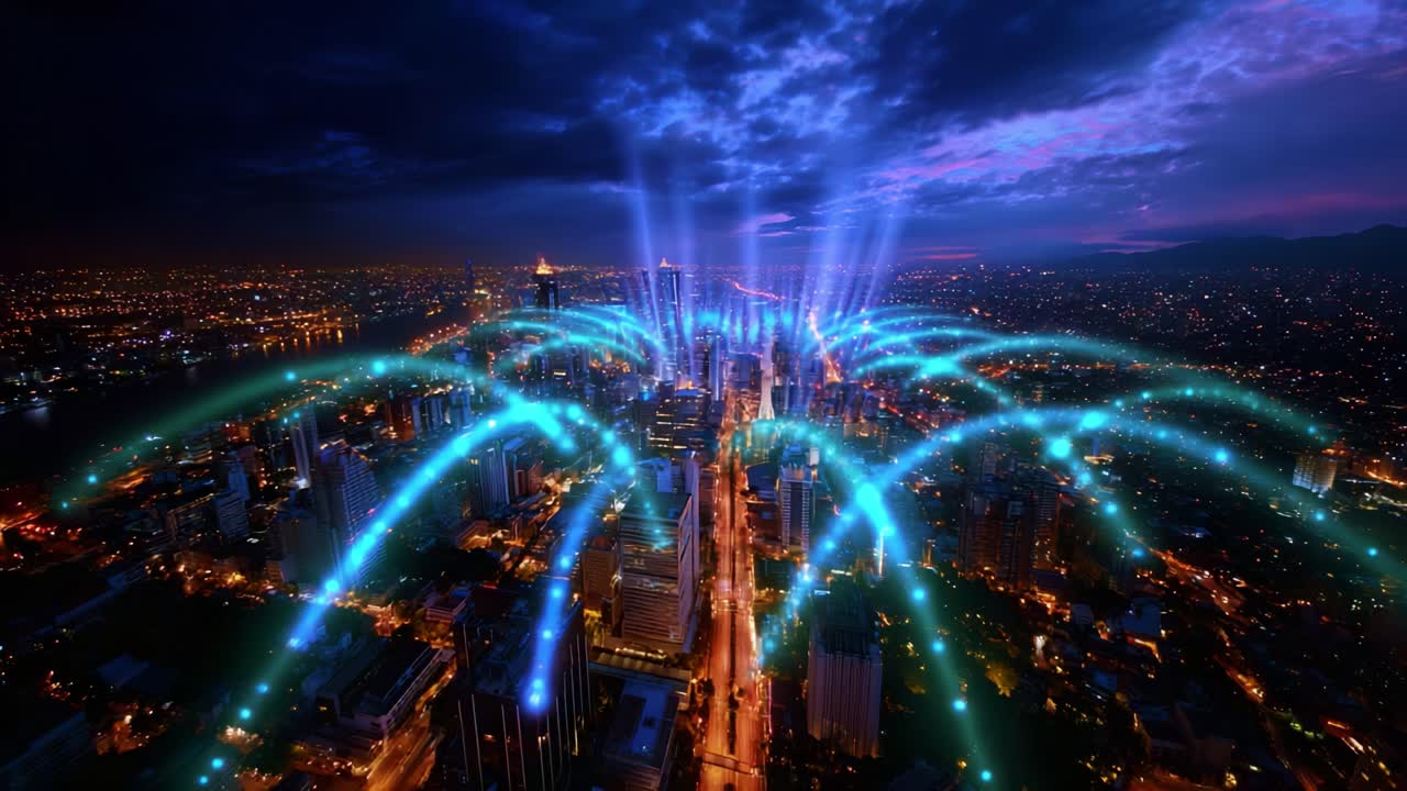 Aerial View of a City with Stunning Lights and Projections, Showcasing a Vibrant Urban Landscape Bathed in Dynamic Illumination, Set Against a Dusk Sky Filled with Dramatic Clouds and Horizon Glow