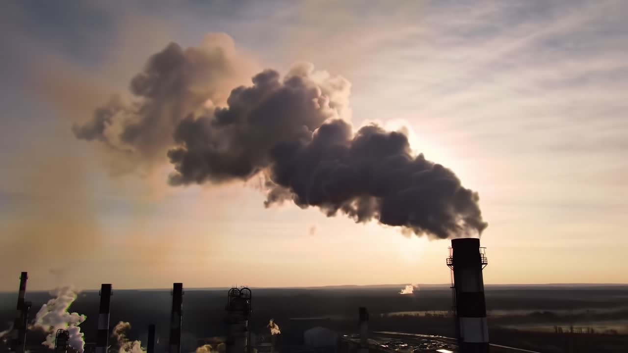 Industrial Landscape with Emissions: Pollution and Environmental Impact Captured in a Stunning Aerial View of Smoke Rising from Stacks in a Sunset Horizon