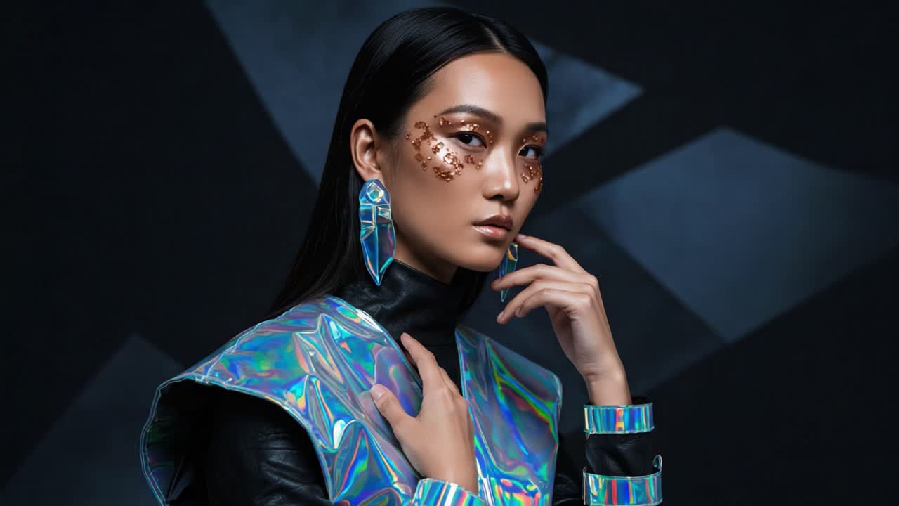 A Striking Portrait of a Fashion Model with Futuristic Metallic Styling and Intricate Make-Up, Captured in a Dramatic Lighting Setting