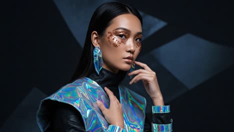 a striking portrait of a fashion model with futuristic metallic styling and intricate make-up, captured in a dramatic lighting setting