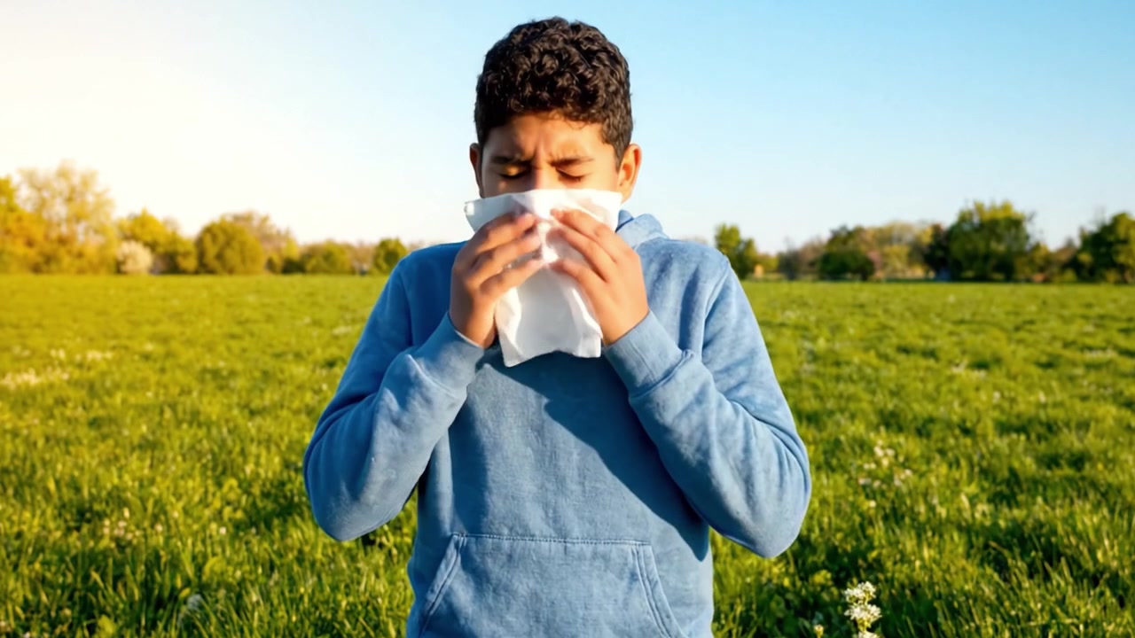 Een jonge jongen staand in een heldergroen veld, een moment van reflectie en sereniteit vastleggend terwijl hij in de verte staart, omringd door de schoonheid van de natuur.