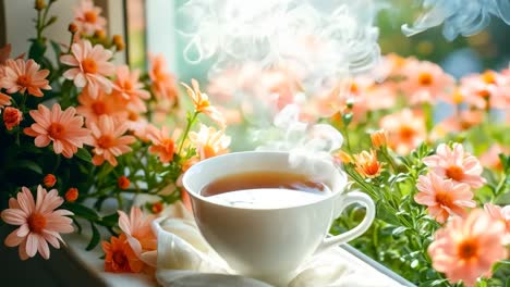 a cup of tea sitting on a window sill surrounded by flowers