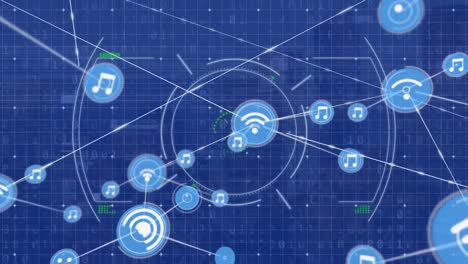 Animation-of-wireless-network,-music-notes-connecting-with-lines-against-circles-and-binary-codes