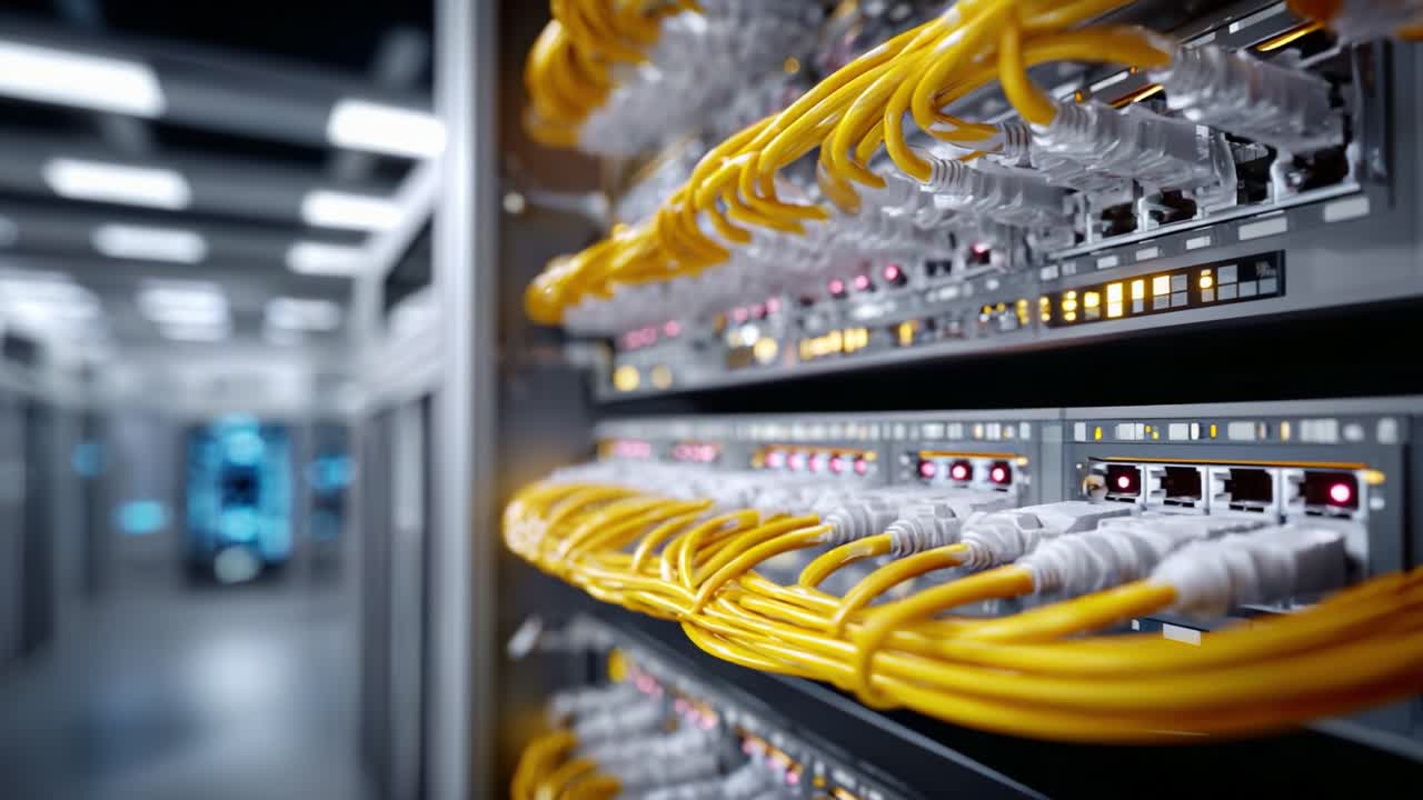 A Close-Up View of Network Cables and Server Equipment Highlighting the Connectivity and Structured Organization in a Modern Data Center Environment