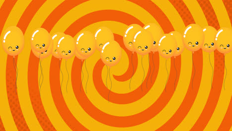 Animation-Von-Orangefarbenen-Luftballons,-Die-über-Einen-Orangefarbenen,-Sich-Drehenden-Hintergrund-Fliegen