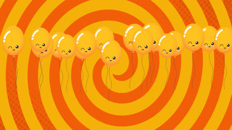 animation of orange balloons flying over orange spinning background