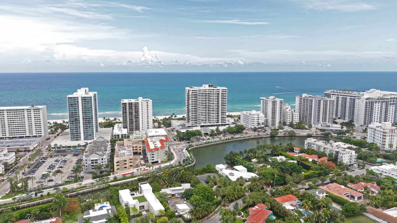 Drone Shot of Miami Beach Oceanfront Hotels, Apartment Buildings and Indian Creek. Florida USA