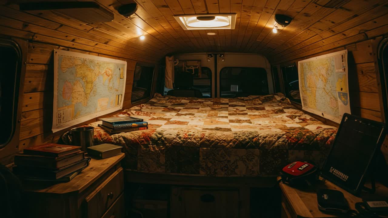 Cozy Van Interior with Maps and Quilted Bed: A Serene Cabin Space for Adventure Enthusiasts Seeking Comfort on the Road