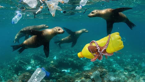 underwater scene featuring sea lions and an octopus amongst marine debris, highlighting the impact of pollution on ocean life