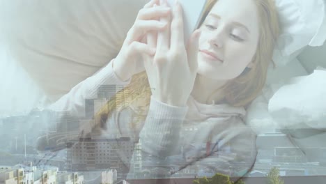 스마트 폰을 사용하는 백인 사업가 여성에 대한 도시 풍경의 애니메이션