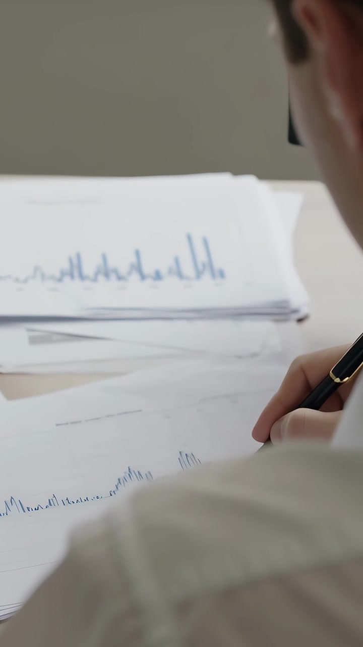 Vertikal video: Mand i hvid skjorte analyserer blå grafer, tager pen, markerer ved skrivebord, kopiplads