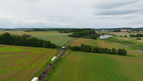 birds eye view of fast speed cargo train on railway