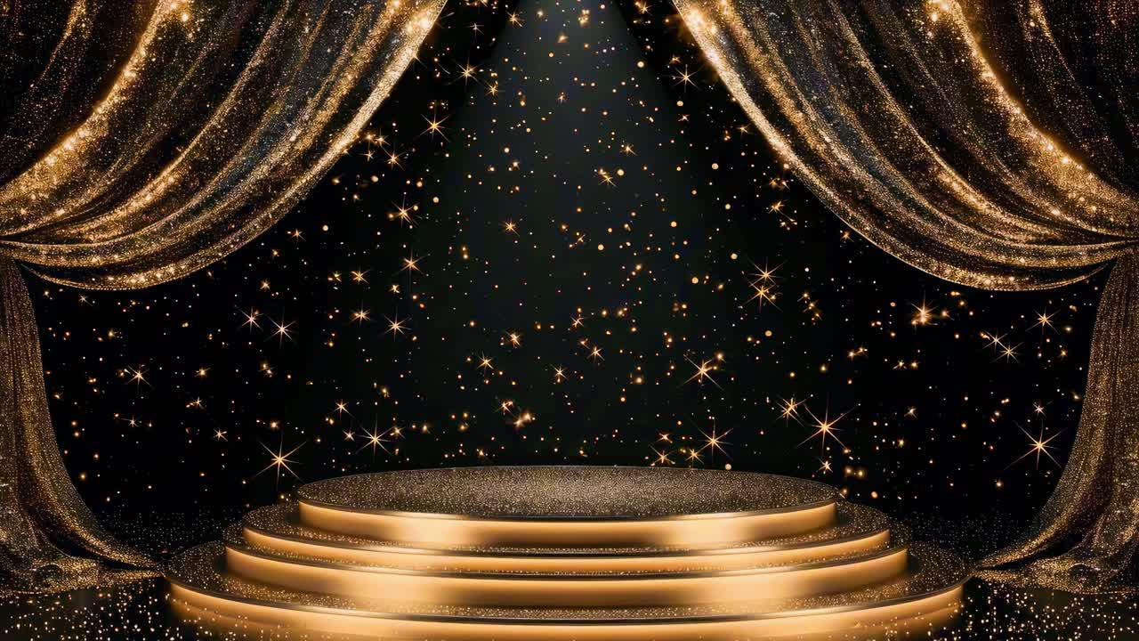 Luxurious stage with golden curtains and sparkling stars, shot from a front angle