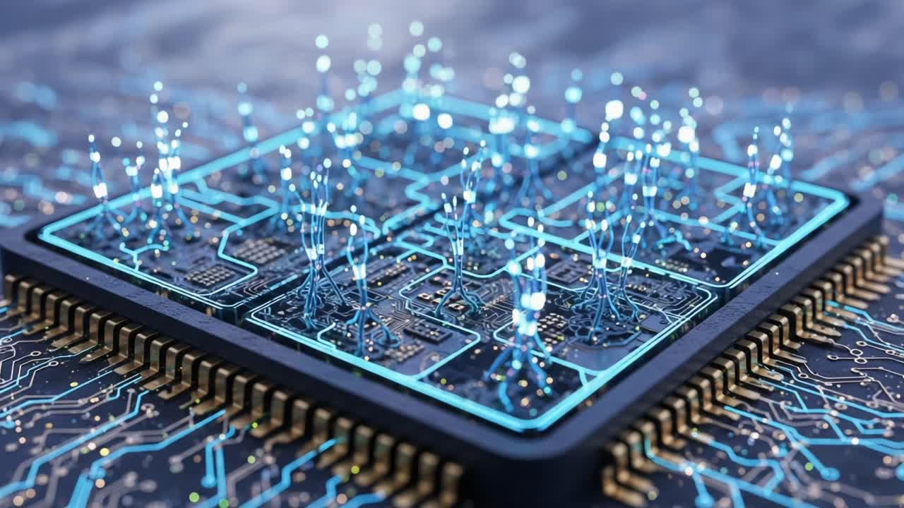 Exploring the Future of Technology: A Close-Up of a Vibrant and Complex Microchip Circuitry Representing Innovations in Computing