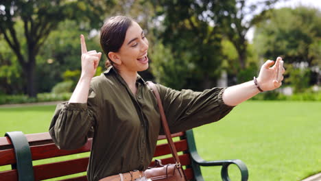 selfie, hand gesture and woman on bench at park