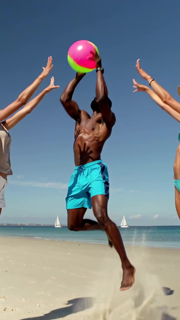 Video verticale: Uomo che salta con pantaloncini da bagno turchesi, dopo aver lanciato, afferra e poi rilancia una palla da spiaggia sulla sabbia.