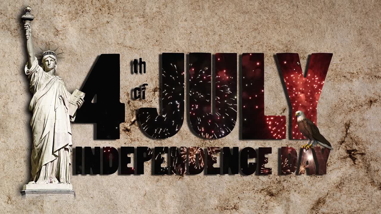 축제 불꽃놀이 형태의 텍스트 - 7월 4일 독립기념일 - 빈티지, 그런지, 오래된 종이 배경에 자유의 동상과 편지 위에 앉아있는 독수리.