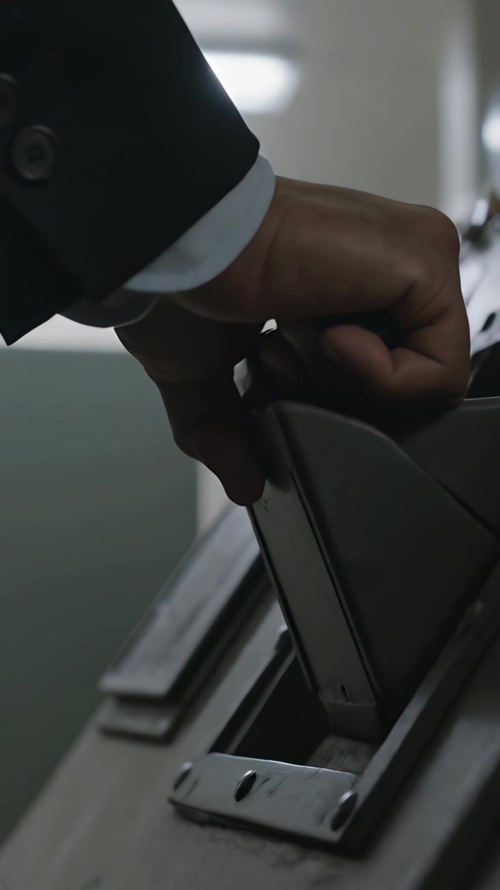 Video verticale: Mano che tiene un caricatore sopra una fessura, mano in abito con polsino bianco che allinea e inserisce.