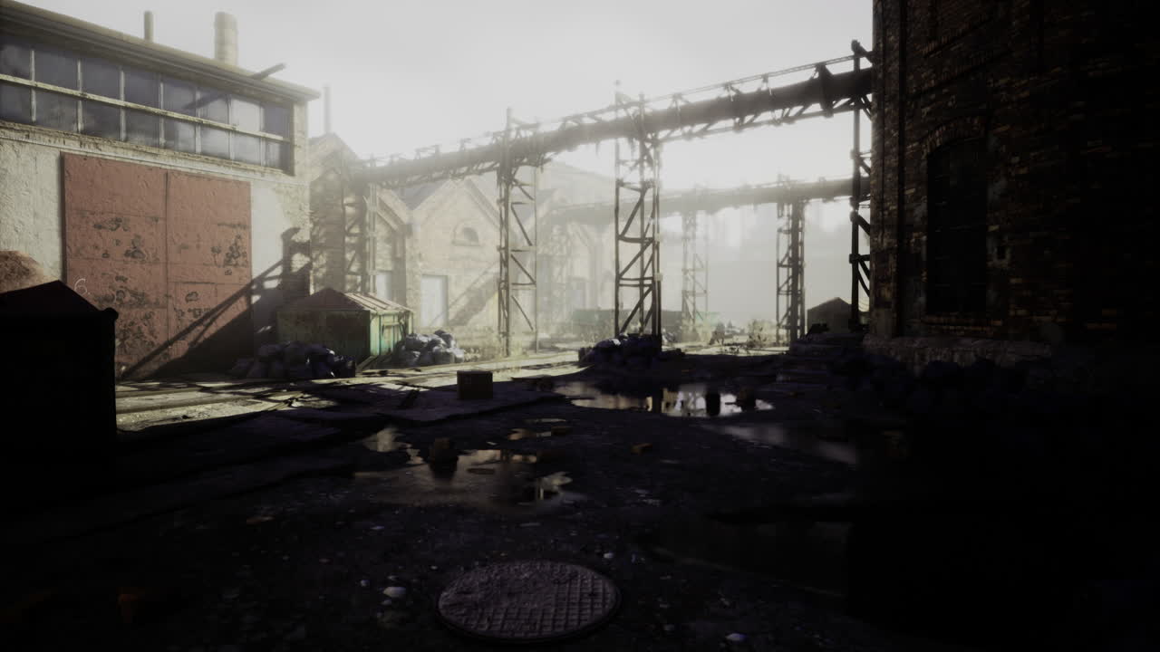Abandoned industrial landscape with mist and remnants of machinery