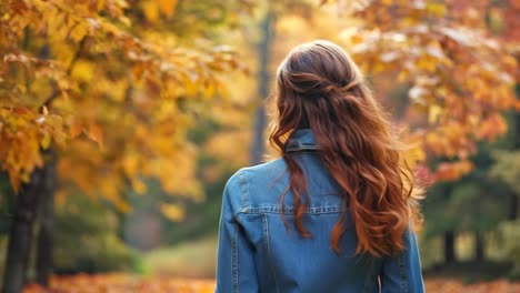 a woman with long red hair standing in a park