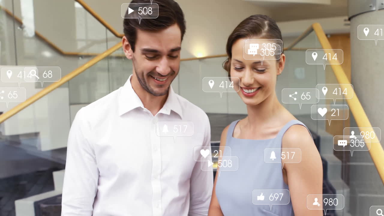 Surrounded by social media notification icons, smiling couple in animation setting