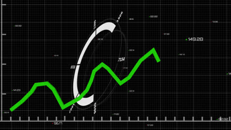 animation of statistical data processing and round scanner over grid network on black background