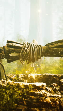 a rustic rope tied to a tree in a misty forest