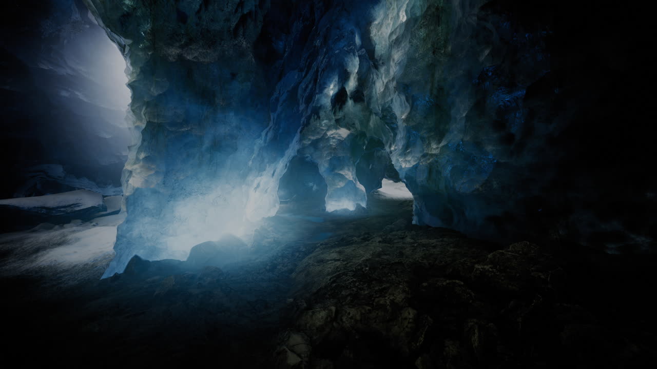 Explore the enchanting blue ice cavern illuminated by soft light