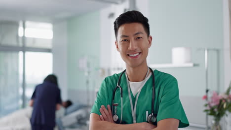 face, happy nurse and asian man with arms crossed