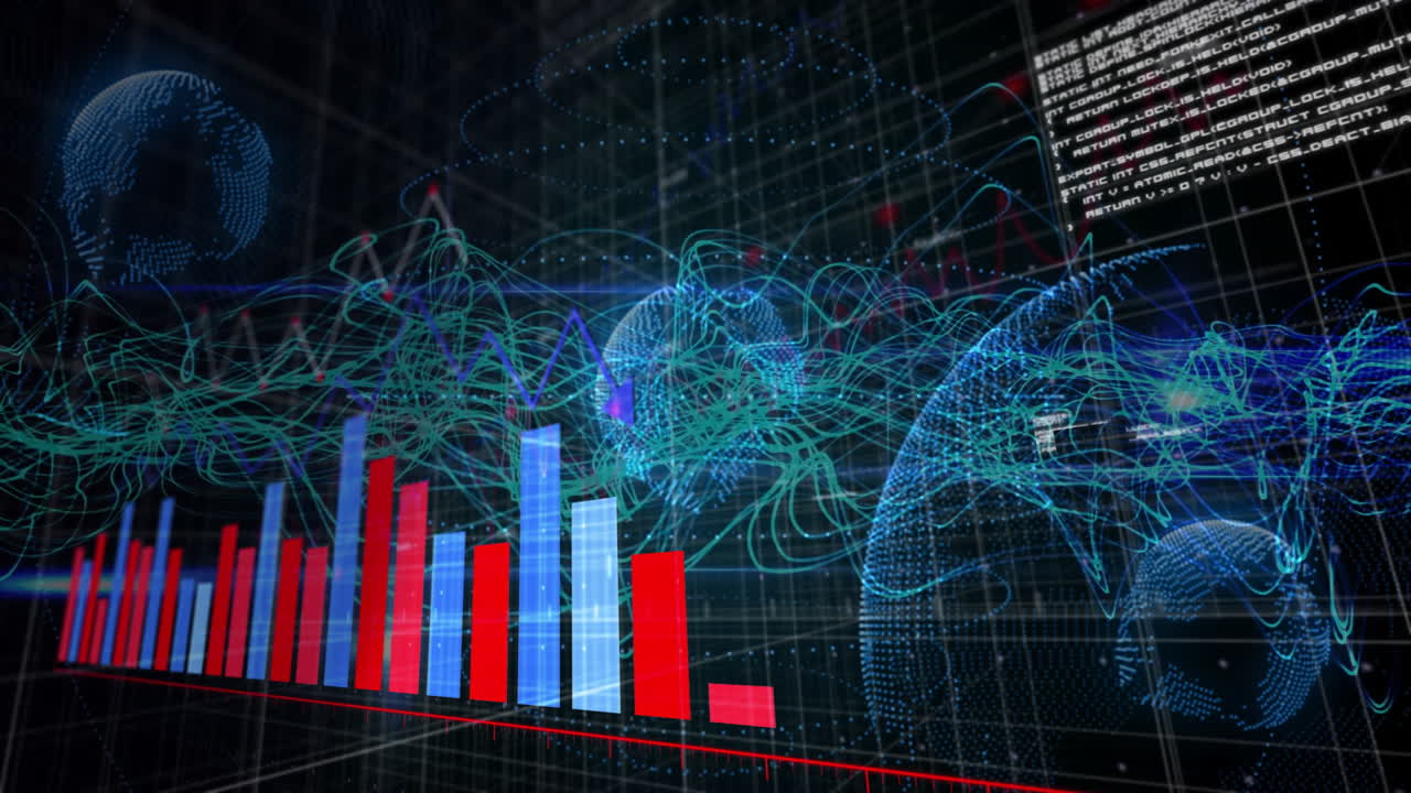 Animation showing bar graphs and digital waveforms for global network data in school