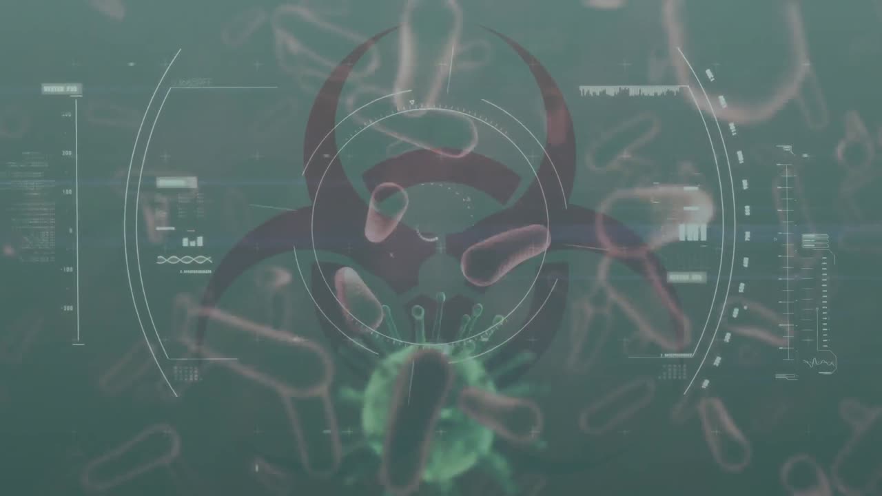 signo de peligro para la salud con células macro covid-19 que se propagan sobre un fondo verde.