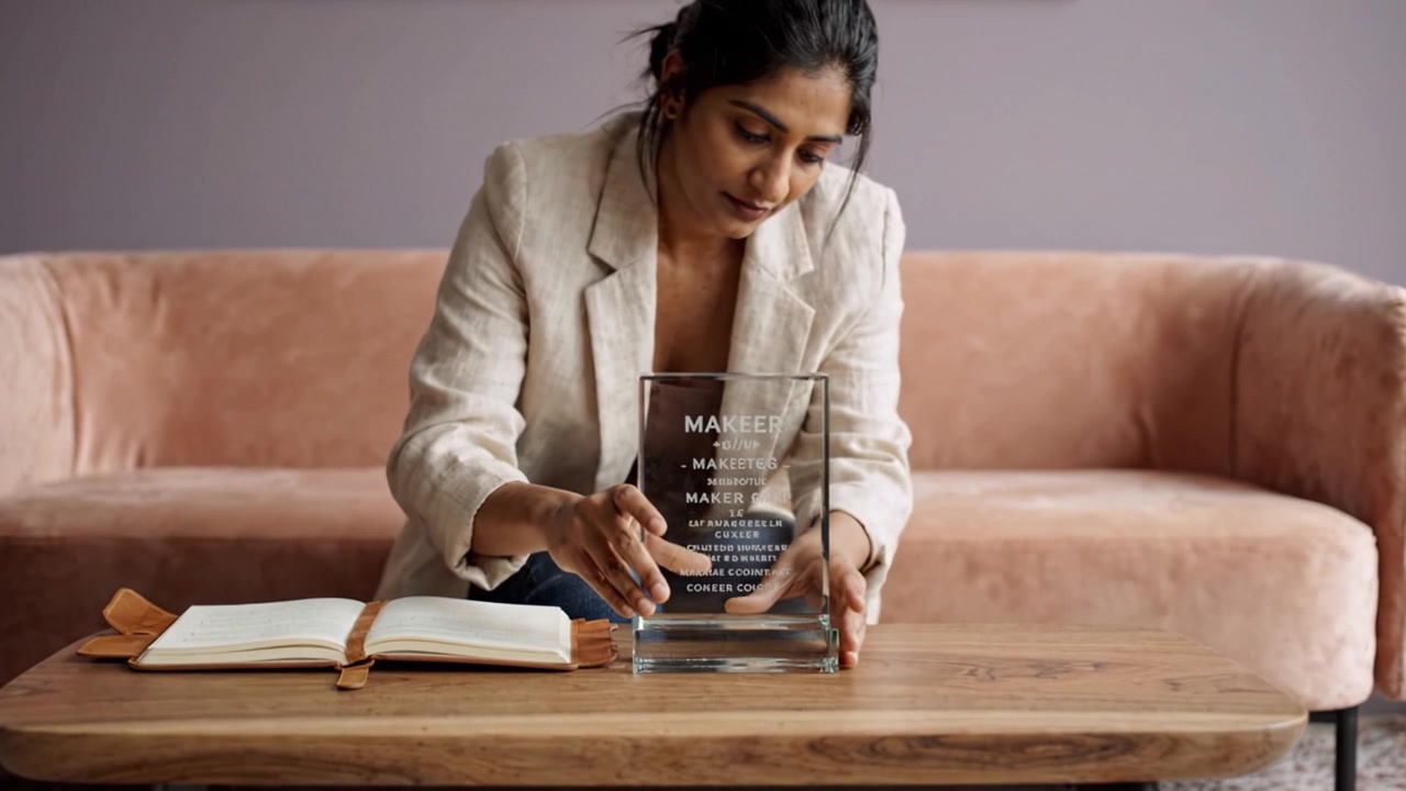 Una donna elegante che sistema un trofeo di vetro e un quaderno su un elegante tavolino da caffè in legno in un accogliente salotto