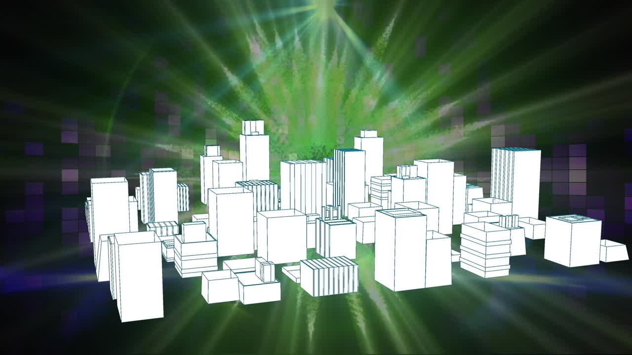 3d 도시 풍경 그림 위에 반 ⁇ 이는 빛의 흔적의 애니메이션