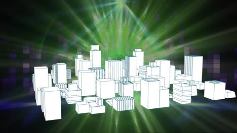 animation of glowing light trails over 3d cityscape drawing