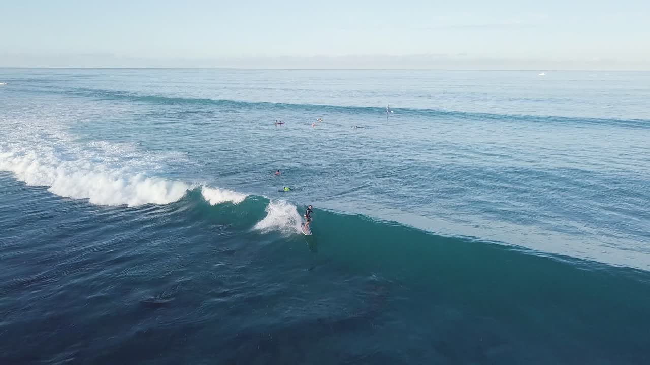los surfistas despegan en hermosas olas azules rompiendo espuma blanca perfecta