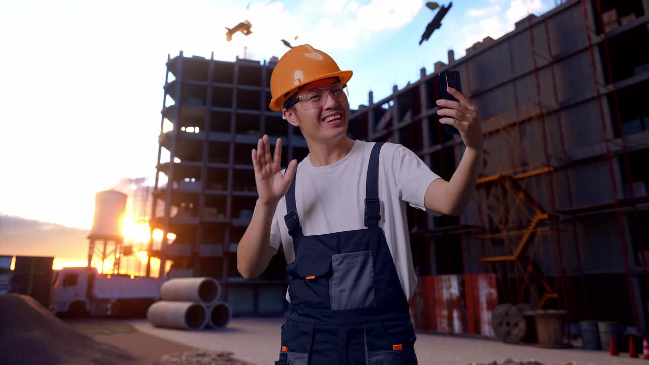 Asian Man Worker Having A Video Call On Smartphone At Construction Site