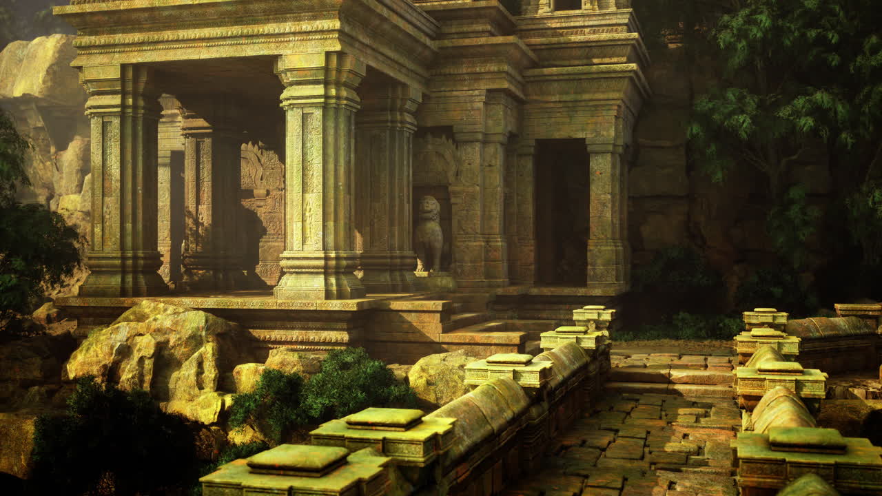 Ruins of an ancient temple nestled in a lush forest during golden hour