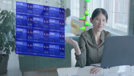 animación de datos financieros sobre feliz asiática mujer de negocios casual en video llamada en la oficina