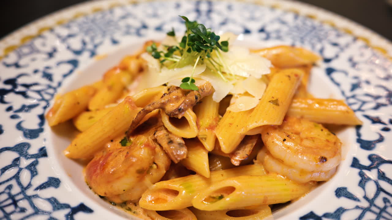 Penne seafood pasta with shrimps and parmesan cheese in a beautiful ceramic plate
