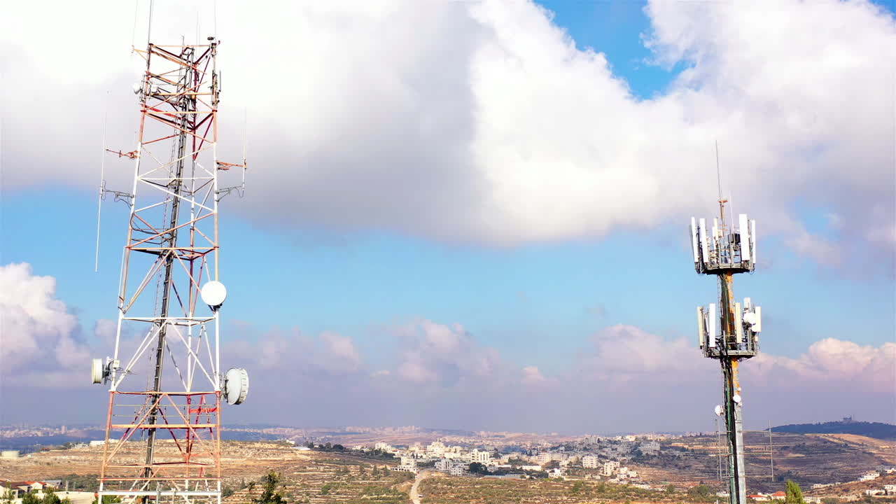 Aerial footage Close to Radio and cellular Antenna With blue sky