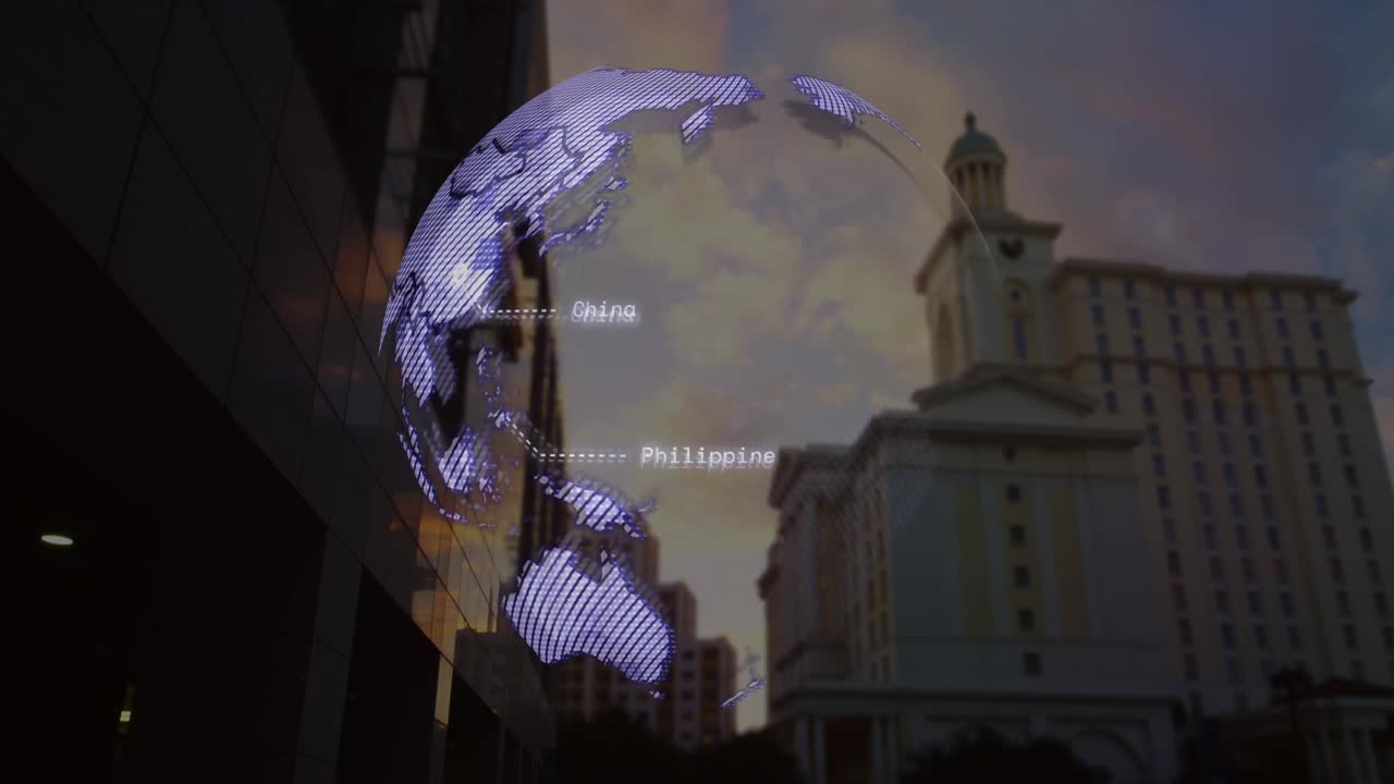 Animation of globe and data processing over cityscape