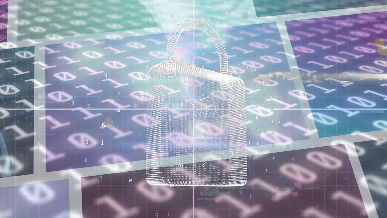 연결 네트워크의 애니메이션, 온라인 보안 패드록 및 화면의 데이터 처리