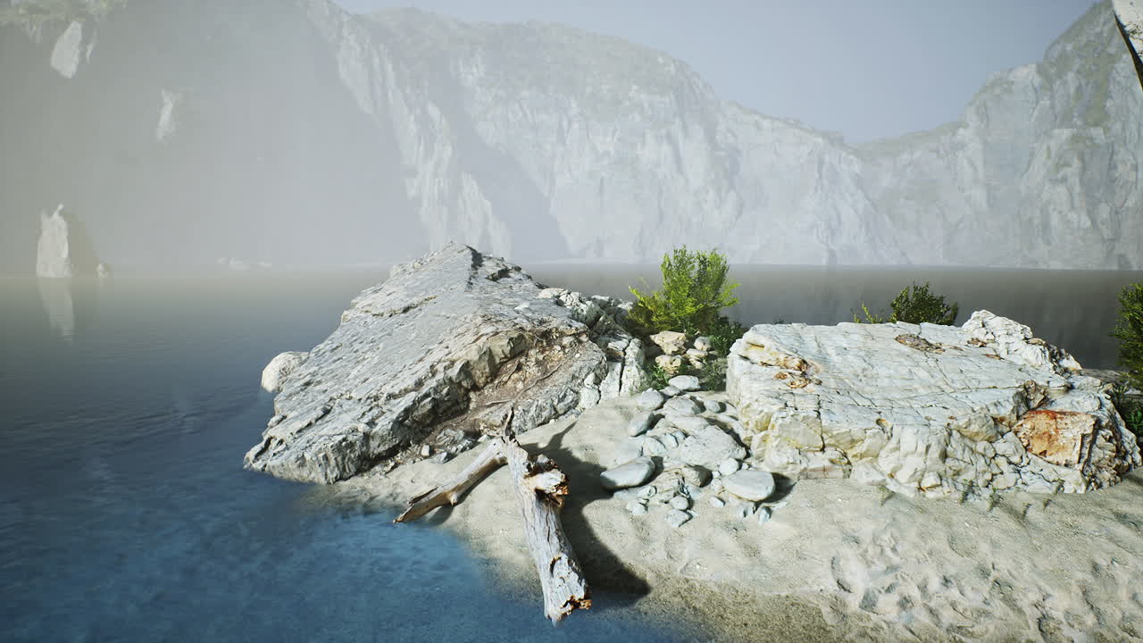 Calm waters and rocky shores at a serene indonesian lake in the morning