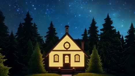 cozy cottage in the forest at night