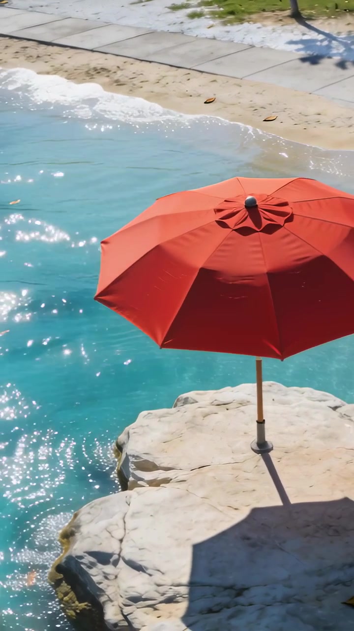 Video verticale: Telecamera in panoramica che centra un ombrello rosso su una sporgenza rocciosa, rivelando acqua turchese.