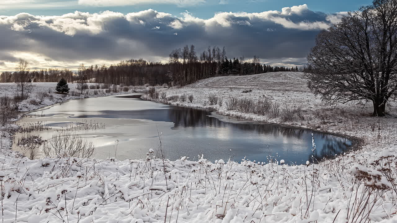 Nopeasti liikkuvien pilvien aikaviivekuvaus lumisen maiseman ja jäätyneen järven yllä.